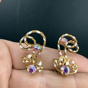 Vintage Austrian Clip On Earrings Gold Tone Rhinestone AB